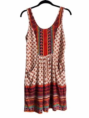 Angie Boho Print Sleeveless Mini Dress L Smocked Back w/ Pockets Festival Style